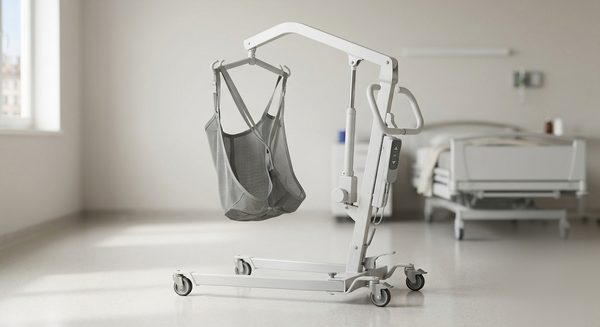 Lève-personne électrique d'occasion avec sangle de transfert, sur base à roulettes