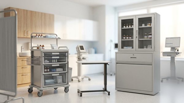 Mobilier hospitalier d'occasion : chariot de soins, armoire médicalisée et table