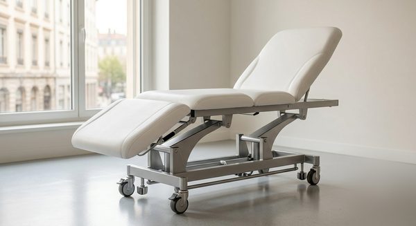Table d'examen médicale d'occasion sur roulettes, dossier et têtière réglables